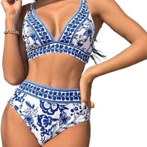 Women's Bathing Suit Print Bikini Blue White Floral High Waisted Swimsuit Set XL